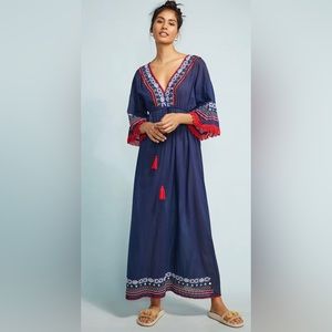 Anthropologie Naudic Maxi Dress Navy Red Embroidered Size Small